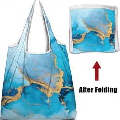 Abstract Blue and Gold Marble Tote Bag for Women – Reusable Eco-Friendly Shopping Bag with Artistic Design, Perfect for Daily Use and Travel