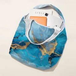 Abstract Blue and Gold Marble Tote Bag for Women – Reusable Eco-Friendly Shopping Bag with Artistic Design, Perfect for Daily Use and Travel