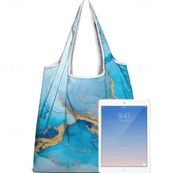 Abstract Blue and Gold Marble Tote Bag for Women – Reusable Eco-Friendly Shopping Bag with Artistic Design, Perfect for Daily Use and Travel