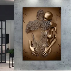 Abstract People Wall Art Canvas Love Couples Prints Painting Artwork Picture Kissing Hug Love Bronze Glitter Home Decoration Décor Rolled Canvas No Frame Unframed Unstretched