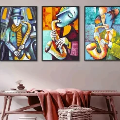 Abstract Picasso Man Playing Musical Instrument Poster Grace Woman Oil Painting on Canvas Nordic Jazz Violin Prints Home Decor