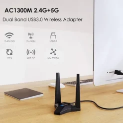 AC1300 USB3.0 Desktop Laptop WiFi Adapter,Dual Band Usb Network Card for PC,High Speed USB Wifi Dongle with Magnetic Dock,usb Wifi Signal Booster