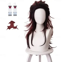 Adecors Demon Slayer Tanjiro Cosplay Wig Female Long Kimetsu No Yaiba Wig with Earrings Markings for Anime Cosplay rose