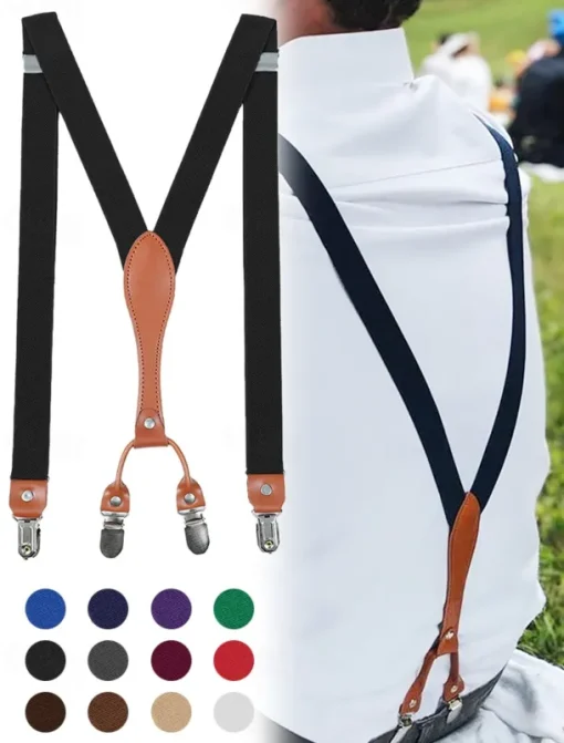 Adjustable Elastic Suspenders with Faux Leather Accents and Metal Clips – Classic Y-Back Design for Men, Perfect for Formal Events, Weddings, and Daily Wear