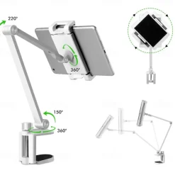 Adjustable Metal Tablet Stand Aluminum Alloy Arm iPad Mount Holder for Bed or Desk Overhead Compatible for iPad Air Pro Mini Surface Pro Stand iPhone Android Tablet Kindle