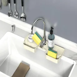 Adjustable Silicone Sponge Holder, Faucet Water Catcher Mat, 2 IN 1 Absorbent Faucet Splash Mat, Draining Faucet Water Catcher Mat, Sponge Holder Over Faucet Sink Organizer, Kitchen Bathroom Sink Acce