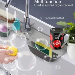 Adjustable Silicone Sponge Holder, Faucet Water Catcher Mat, 2 IN 1 Absorbent Faucet Splash Mat, Draining Faucet Water Catcher Mat, Sponge Holder Over Faucet Sink Organizer, Kitchen Bathroom Sink Acce