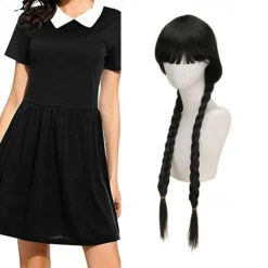 Adults' Wednesday Addams Dress Addams Family Women's Goth Gothic Flare Dress Movie Cosplay Costume Party Little Black Dress Masquerade with Wednesday Addams Wig Cute Natural Soft Hair Wig Cap Braids
