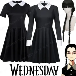 Adults' Wednesday Addams Dress Addams Family Women's Goth Gothic Flare Dress Movie Cosplay Costume Party Little Black Dress Masquerade with Wednesday Addams Wig Cute Natural Soft Hair Wig Cap Braids