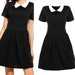 Adults' Wednesday Addams Dress Addams Family Women's Goth Gothic Flare Dress Movie Cosplay Costume Party Little Black Dress Masquerade with Wednesday Addams Wig Cute Natural Soft Hair Wig Cap Braids