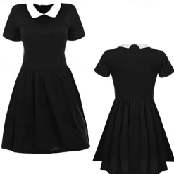 Adults' Wednesday Addams Dress Addams Family Women's Goth Gothic Flare Dress Movie Cosplay Costume Party Little Black Dress Masquerade with Wednesday Addams Wig Cute Natural Soft Hair Wig Cap Braids