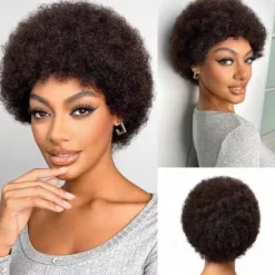 Afro Kinky Curly Bangs Wig For Women Afro Pixie Cut Short Human Hair Wig Soft Curly Afro Wig Natural Looking For Daily Use