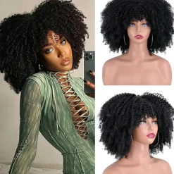 Afro Kinky Curly Wig with Bangs 12 Inches Synthetic Full Wigs Heat Resistant Short Kinky Curly Wigs for Daily Party Halloween Wigs