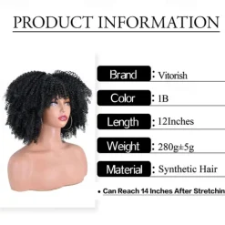 Afro Kinky Curly Wig with Bangs 12 Inches Synthetic Full Wigs Heat Resistant Short Kinky Curly Wigs for Daily Party Halloween Wigs