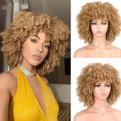 Afro Kinky Curly Wig with Bangs 12 Inches Synthetic Full Wigs Heat Resistant Short Kinky Curly Wigs for Daily Party Halloween Wigs