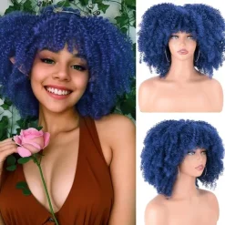 Afro Kinky Curly Wig with Bangs 12 Inches Synthetic Full Wigs Heat Resistant Short Kinky Curly Wigs for Daily Party Halloween Wigs
