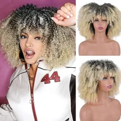 Afro Kinky Curly Wig with Bangs 12 Inches Synthetic Full Wigs Heat Resistant Short Kinky Curly Wigs for Daily Party Halloween Wigs