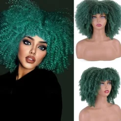 Afro Kinky Curly Wig with Bangs 12 Inches Synthetic Full Wigs Heat Resistant Short Kinky Curly Wigs for Daily Party Halloween Wigs