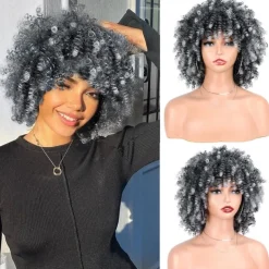 Afro Kinky Curly Wig with Bangs 12 Inches Synthetic Full Wigs Heat Resistant Short Kinky Curly Wigs for Daily Party Halloween Wigs