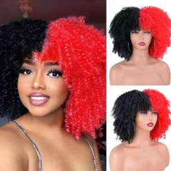 Afro Kinky Curly Wig with Bangs 12 Inches Synthetic Full Wigs Heat Resistant Short Kinky Curly Wigs for Daily Party Halloween Wigs