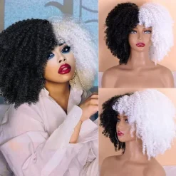 Afro Kinky Curly Wig with Bangs 12 Inches Synthetic Full Wigs Heat Resistant Short Kinky Curly Wigs for Daily Party Halloween Wigs