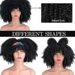 Afro Kinky Curly Wig with Bangs 12 Inches Synthetic Full Wigs Heat Resistant Short Kinky Curly Wigs for Daily Party Halloween Wigs
