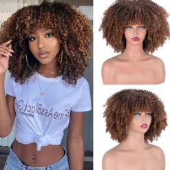 Afro Kinky Curly Wig with Bangs 12 Inches Synthetic Full Wigs Heat Resistant Short Kinky Curly Wigs for Daily Party Halloween Wigs