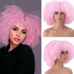 Afro Kinky Curly Wig with Bangs 12 Inches Synthetic Full Wigs Heat Resistant Short Kinky Curly Wigs for Daily Party Halloween Wigs