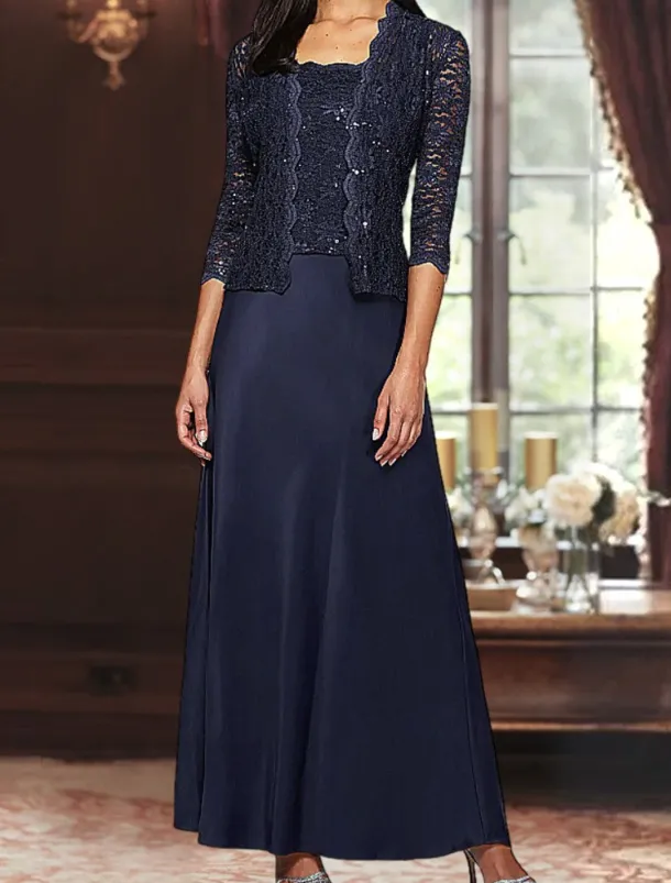 A-Line 3 Piece Mother of the Bride Dress Formal Wedding Guest Elegant Simple Luxurious Square Neck Floor Length Satin Lace 3/4 Length Sleeve with Lace Sequin