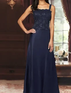 A-Line 3 Piece Mother of the Bride Dress Formal Wedding Guest Elegant Simple Luxurious Square Neck Floor Length Satin Lace 3/4 Length Sleeve with Lace Sequin