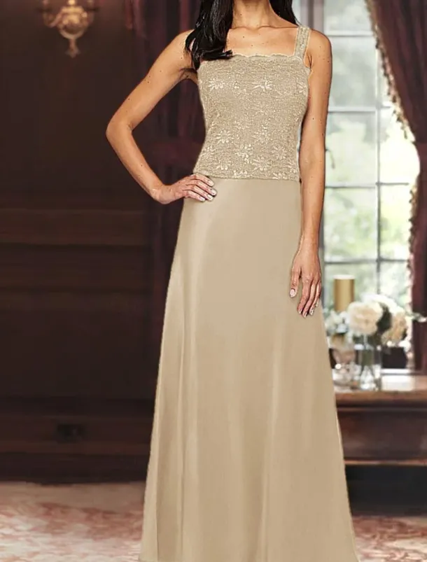 A-Line 3 Piece Mother of the Bride Dress Formal Wedding Guest Elegant Simple Luxurious Square Neck Floor Length Satin Lace 3/4 Length Sleeve with Lace Sequin