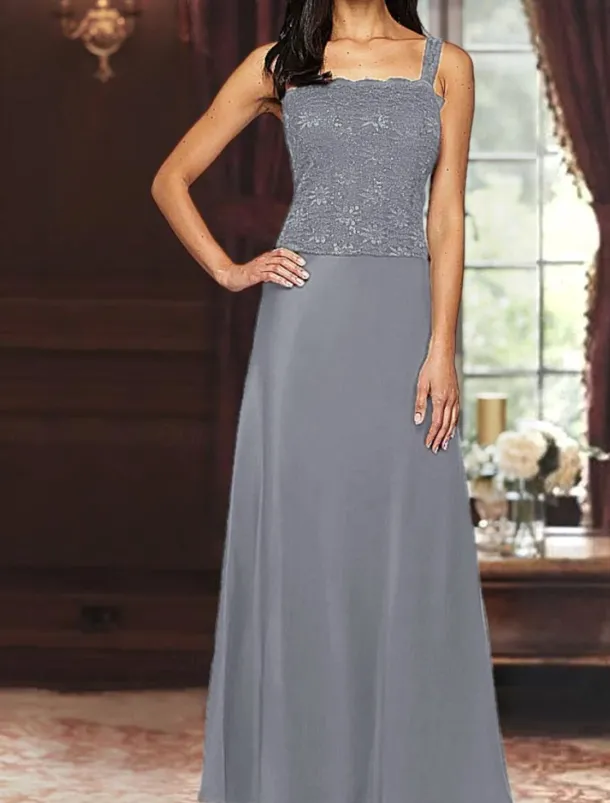 A-Line 3 Piece Mother of the Bride Dress Formal Wedding Guest Elegant Simple Luxurious Square Neck Floor Length Satin Lace 3/4 Length Sleeve with Lace Sequin