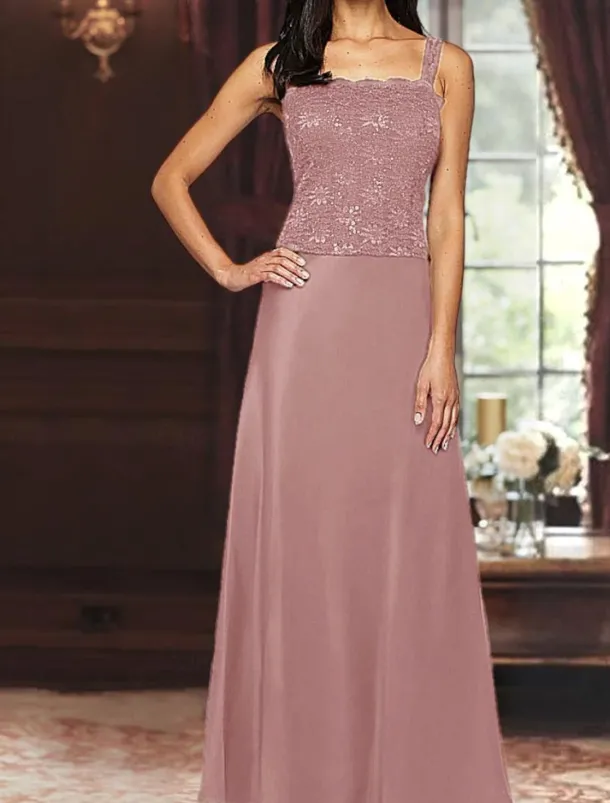 A-Line 3 Piece Mother of the Bride Dress Formal Wedding Guest Elegant Simple Luxurious Square Neck Floor Length Satin Lace 3/4 Length Sleeve with Lace Sequin