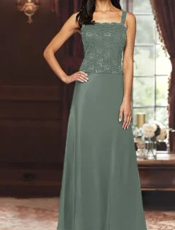 A-Line 3 Piece Mother of the Bride Dress Formal Wedding Guest Elegant Simple Luxurious Square Neck Floor Length Satin Lace 3/4 Length Sleeve with Lace Sequin