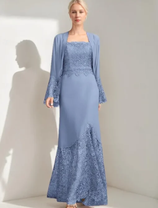 A-Line 3 Piece Mother of the Bride Dress Elegant Simple Casual Square Neck Floor Length Chiffon Sleeveless Long Sleeve Lace with Jacket