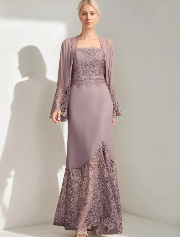 A-Line 3 Piece Mother of the Bride Dress Elegant Simple Casual Square Neck Floor Length Chiffon Sleeveless Long Sleeve Lace with Jacket