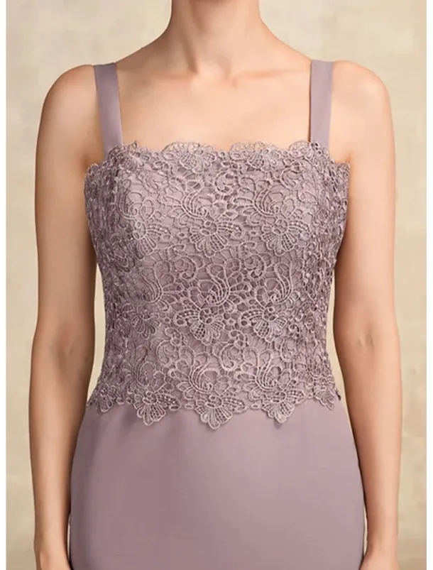 A-Line 3 Piece Mother of the Bride Dress Elegant Simple Casual Square Neck Floor Length Chiffon Sleeveless Long Sleeve Lace with Jacket