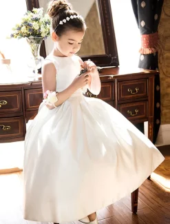 A-Line Ankle Length Flower Girl Dress First Communion Girls Cute Prom Dress Satin with Bow(s) Elegant Fit 3-16 Years dress to impress