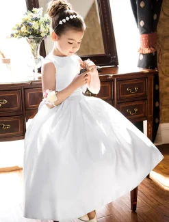 A-Line Ankle Length Flower Girl Dress First Communion Girls Cute Prom Dress Satin with Bow(s) Elegant Fit 3-16 Years dress to impress