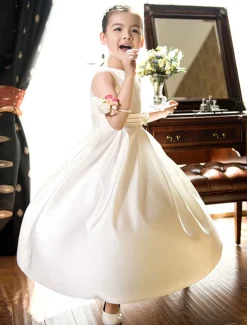 A-Line Ankle Length Flower Girl Dress First Communion Girls Cute Prom Dress Satin with Bow(s) Elegant Fit 3-16 Years dress to impress