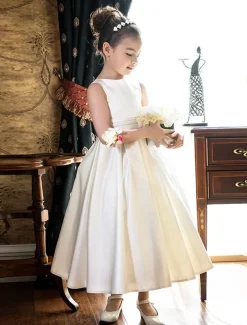 A-Line Ankle Length Flower Girl Dress First Communion Girls Cute Prom Dress Satin with Bow(s) Elegant Fit 3-16 Years dress to impress