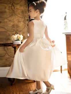 A-Line Ankle Length Flower Girl Dress First Communion Girls Cute Prom Dress Satin with Bow(s) Elegant Fit 3-16 Years dress to impress