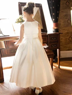 A-Line Ankle Length Flower Girl Dress First Communion Girls Cute Prom Dress Satin with Bow(s) Elegant Fit 3-16 Years dress to impress