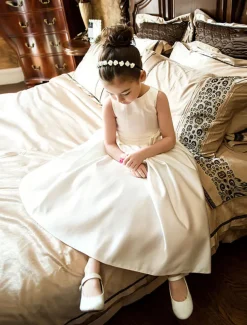 A-Line Ankle Length Flower Girl Dress First Communion Girls Cute Prom Dress Satin with Bow(s) Elegant Fit 3-16 Years dress to impress