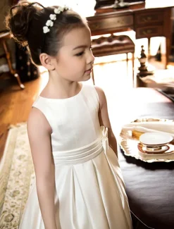 A-Line Ankle Length Flower Girl Dress First Communion Girls Cute Prom Dress Satin with Bow(s) Elegant Fit 3-16 Years dress to impress