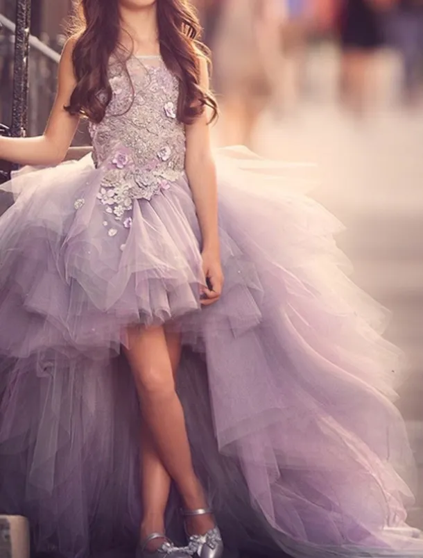 A-Line Asymmetrical Flower Girl Dress Pageant & Performance Juniors Cute Prom Dress with Appliques Floral / Flower Fit 3-16 Years dress to impress