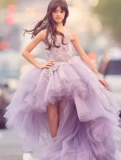 A-Line Asymmetrical Flower Girl Dress Pageant & Performance Juniors Cute Prom Dress with Appliques Floral / Flower Fit 3-16 Years dress to impress