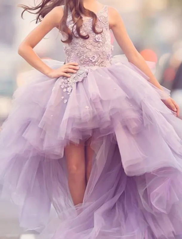 A-Line Asymmetrical Flower Girl Dress Pageant & Performance Juniors Cute Prom Dress with Appliques Floral / Flower Fit 3-16 Years dress to impress