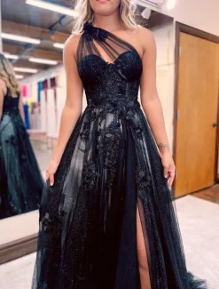 A-Line Black Prom Dresses Color Block Dress Formal Wedding Guest Sweep / Brush Train Sleeveless One Shoulder Tulle Backless with Pleats Appliques Masquerade Dress