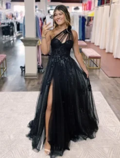 A-Line Black Prom Dresses Color Block Dress Formal Wedding Guest Sweep / Brush Train Sleeveless One Shoulder Tulle Backless with Pleats Appliques Masquerade Dress